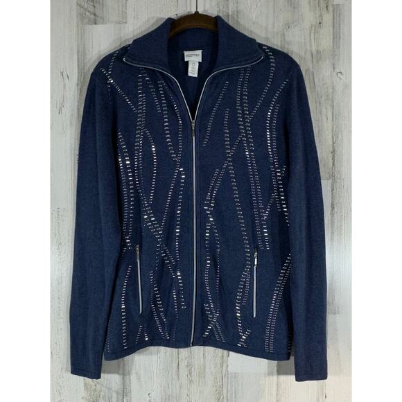 Chicos Zenergy Zip Sweater Jacket Size 0 Small Blue Silver Zip Pockets Cashmere - Picture 1 of 7